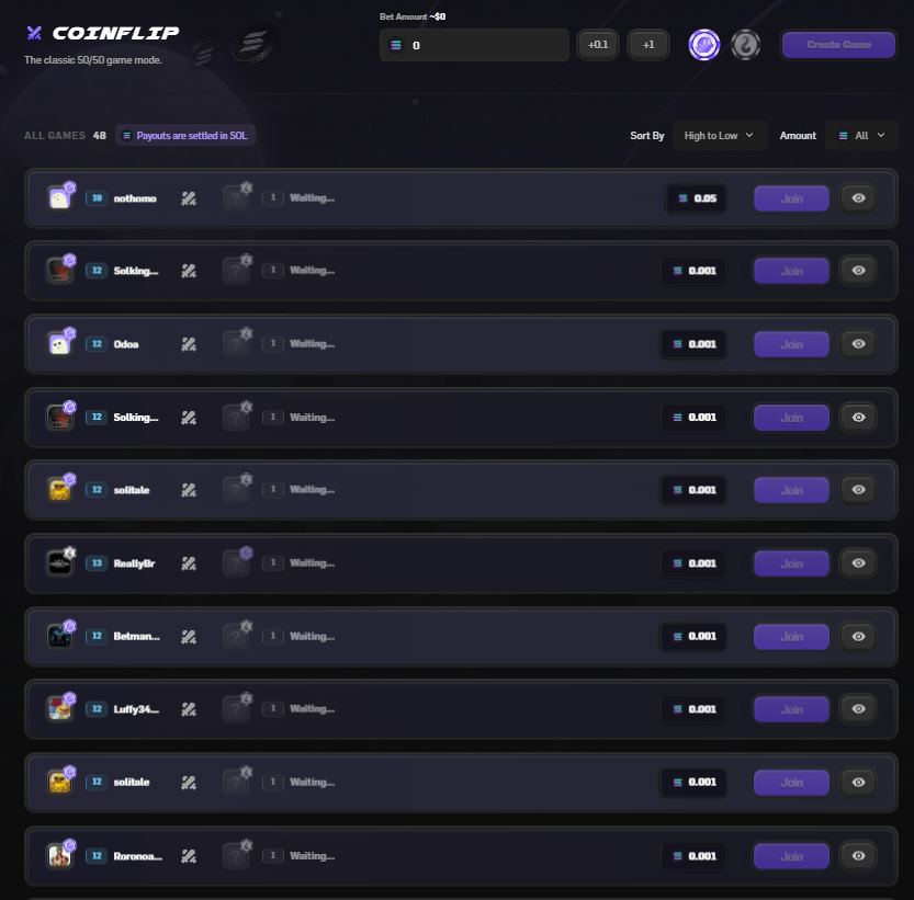 A screenshot of the Solpot Coinflip game interface, showing where to connect a wallet and place a bet.